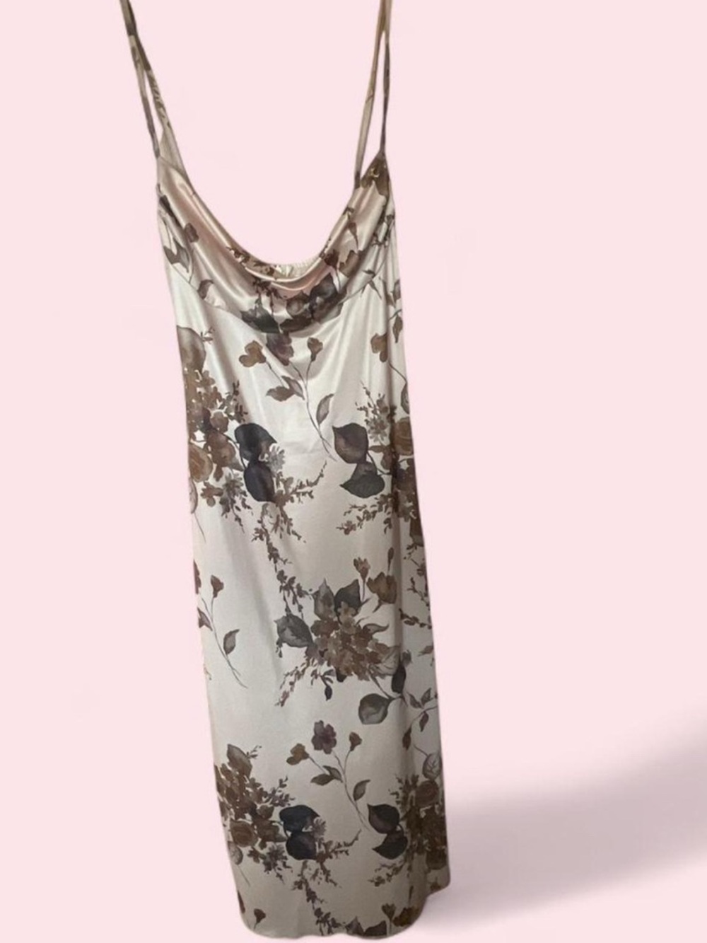 Cowl Neck Maxi Slip Dress in Cream with Brown Floral